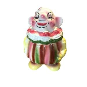 Vintage Colorful Striped Ruffle DeForest Standing Clown Cookie Jar Bisque Mitten